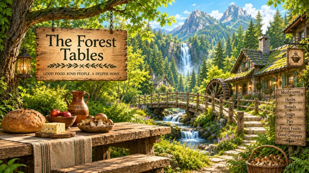 Bright woodland feast beside a cozy fantasy cottage, surrounded by trees, a river and welcoming storybook scenery.`
