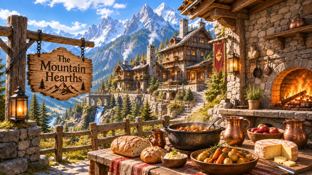 Sunlit alpine village with stone hearths, rustic food, waterfalls and snow-capped mountains in a welcoming fantasy setting.