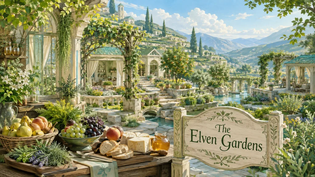 `Sunlit elven gardens with elegant terraces, orchards, herbs and a welcoming fantasy feast in a bright cultivated landscape.`