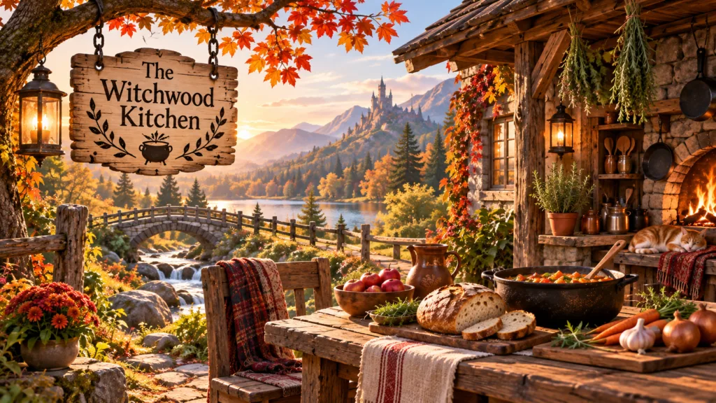 Warm autumn witchwood kitchen with a rustic cottage, glowing hearth, herbs, bread and seasonal food beside a forest stream.`