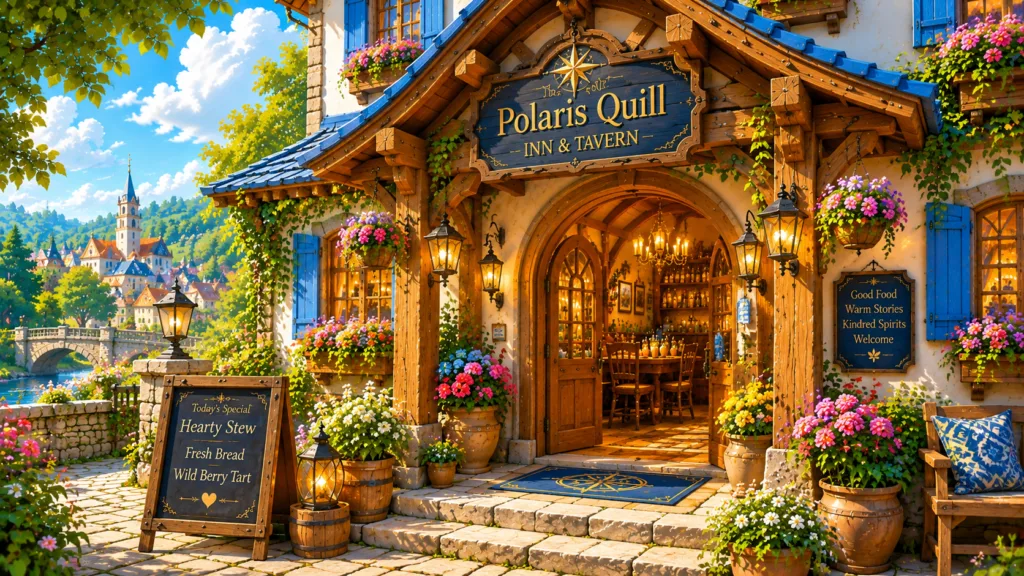 Warm and welcoming entrance to the Polaris Quill Inn, glowing with cozy fantasy atmosphere.