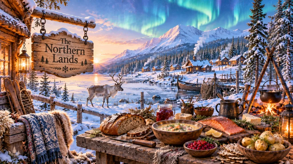 `Bright snowy northern village with glowing cabins, reindeer, hearty food and northern lights above a welcoming winter landscape.`