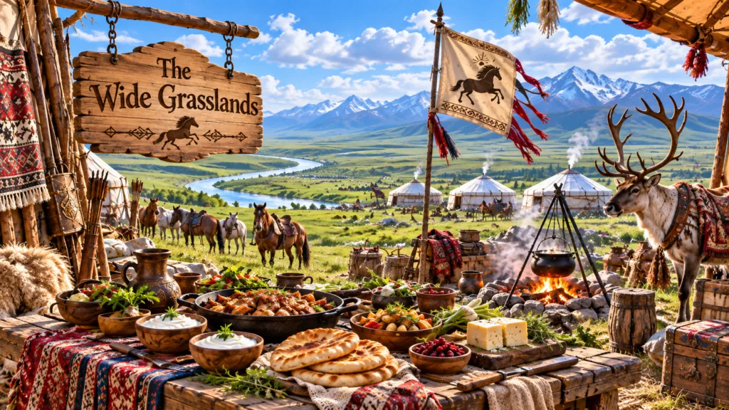 `Bright open grasslands with a welcoming nomadic camp, horses, tents, hearty food and distant mountains beneath a clear sky.`
