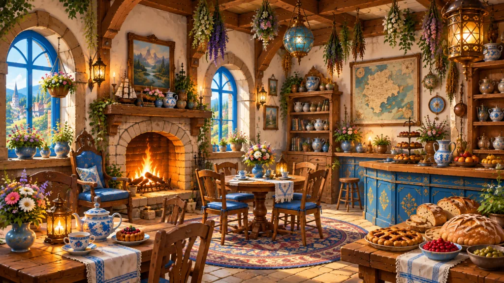 Cozy common room inside the Polaris Quill Inn with warm firelight, wooden furnishings and a welcoming fantasy atmosphere.