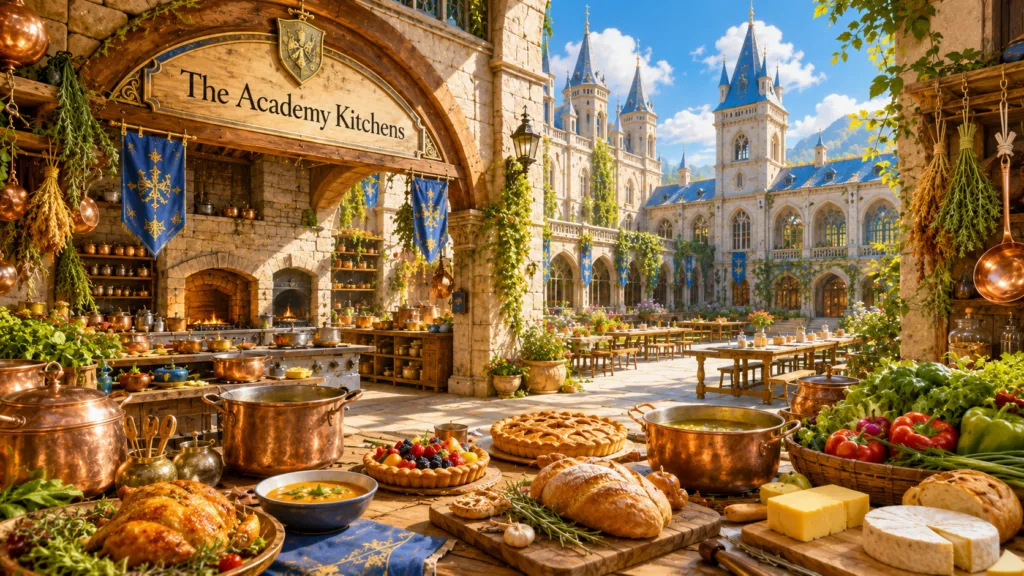 `Bright fantasy academy kitchens with stone arches, long tables, fresh food and a lively welcoming school atmosphere.`