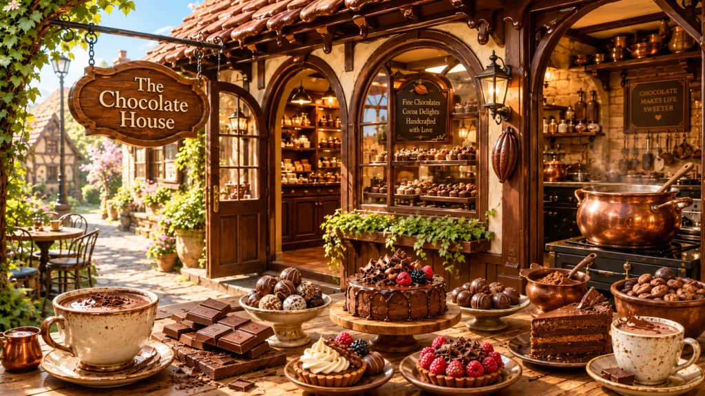 `Cheerful fantasy chocolate house with rich chocolate treats, cakes, warm drinks and a bright welcoming storybook atmosphere.`