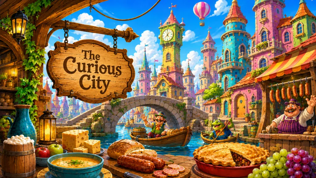 `Bright and eccentric fantasy city with crooked buildings, colorful market stalls, canals and a lively welcoming atmosphere.`