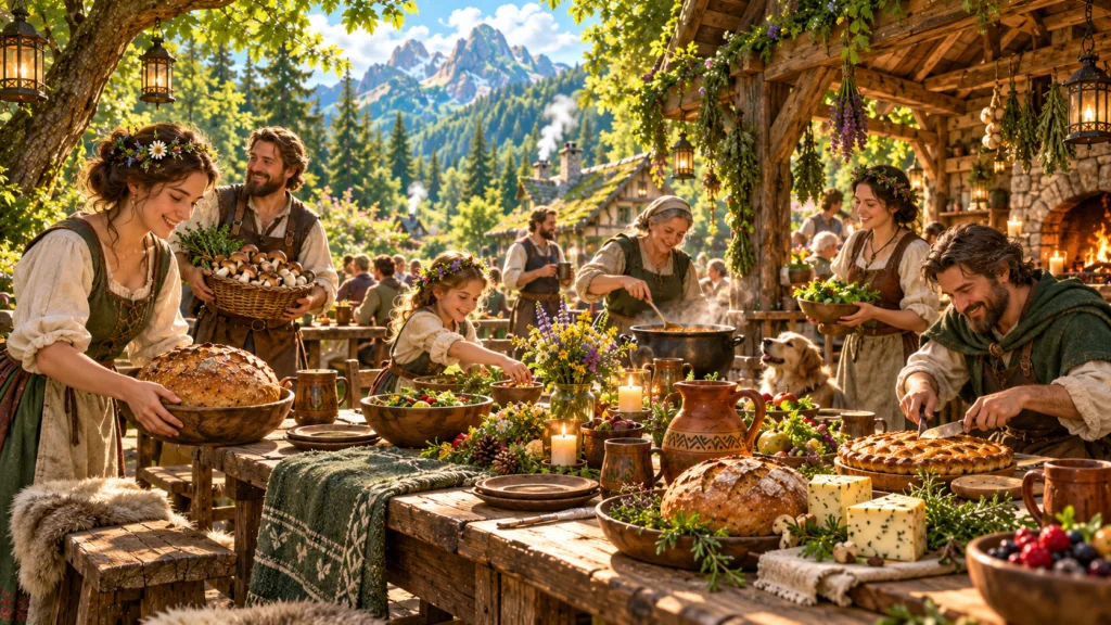 The Forest Tables realm with villagers preparing a communal feast of bread, mushrooms, cheese and fresh vegetables in a sunny mountain forest village.