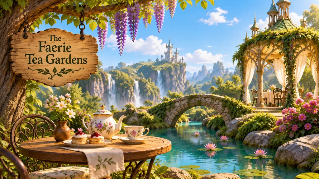 `Bright faerie tea gardens with elegant tea tables, pastries, flowers, sparkling water and a cheerful magical atmosphere.`