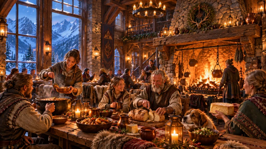 The Mountain Hearths realm with villagers sharing bread, cheese and hearty food beside a great fire in a warm mountain lodge surrounded by snowy peaks.