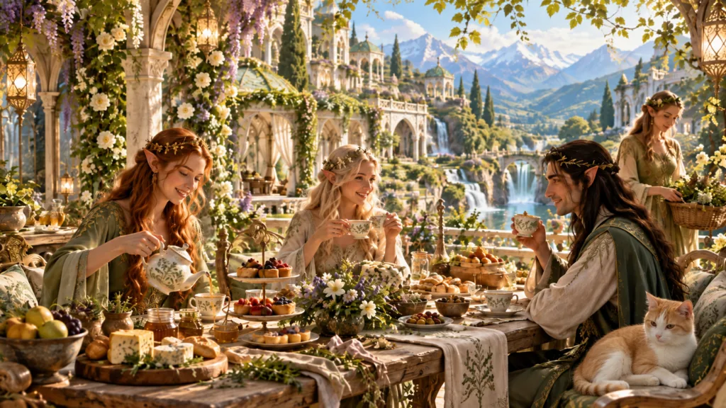 The Elven Gardens realm with elves enjoying tea, fruit, pastries and cheese in luminous terraced gardens with flowers, waterfalls and pale stone architecture.