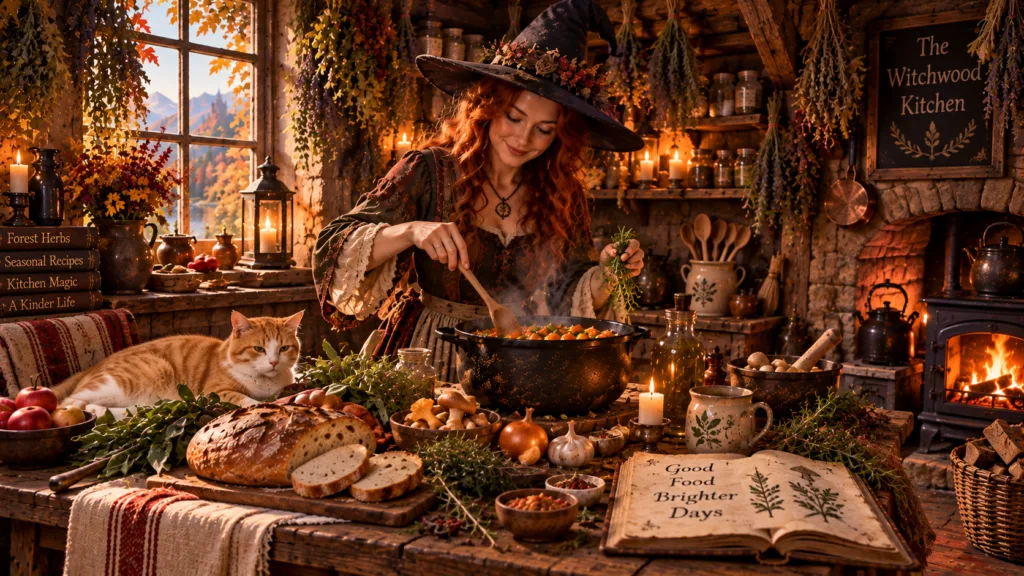 The Witchwood Kitchen realm with a red-haired witch cooking beside a warm stove among herbs, mushrooms, apples, bread, jars, books and a watchful cat.