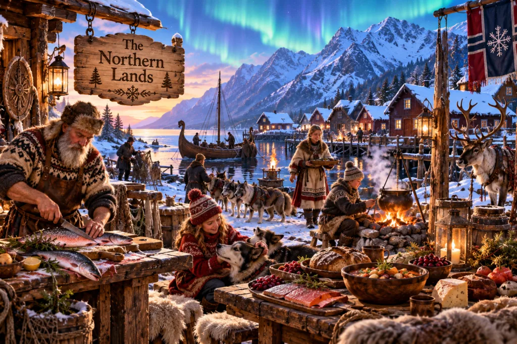 The Northern Lands realm with a snowy fjord village, fishing boats, reindeer, sled dogs, salmon, bread and hot food beneath the northern lights.