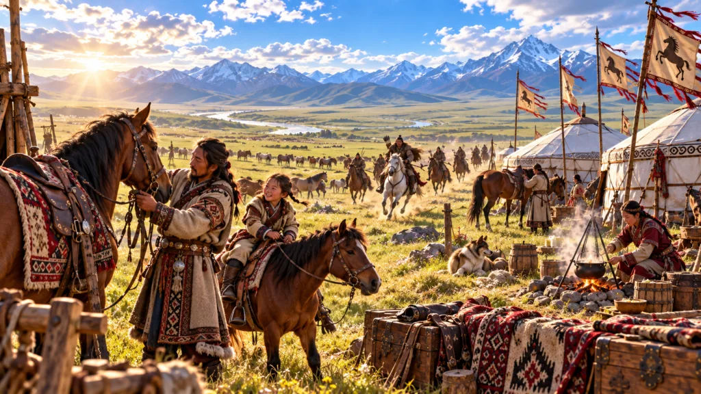The Wide Grasslands realm with horse riders, yurts, campfires and travelling families beneath a vast mountain sky.