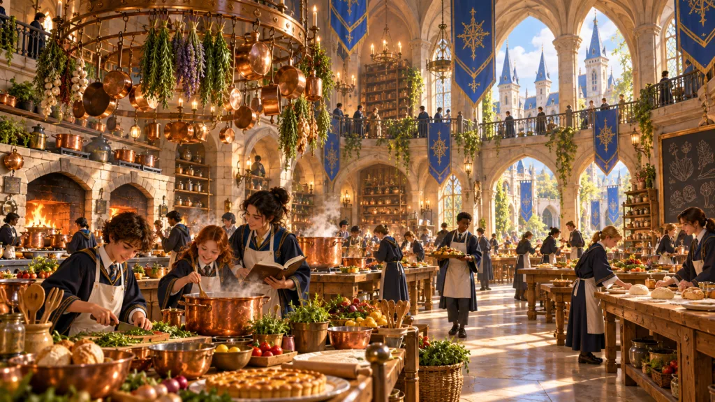 The Academy Kitchens realm with students and instructors cooking in a vast magical school kitchen filled with copper pots, herbs, ovens and blue-and-gold banners.