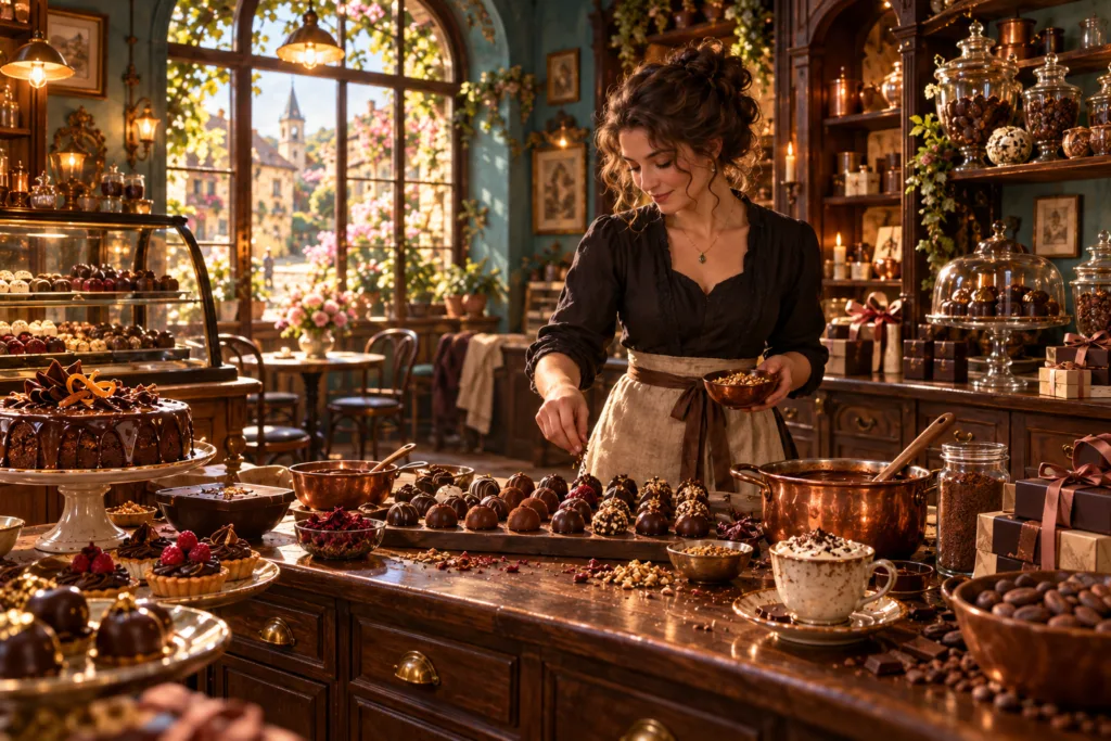 The Chocolate House realm with a chocolatier preparing truffles and desserts in an elegant old-world chocolate café filled with cakes, cocoa, copper pots and gift boxes.