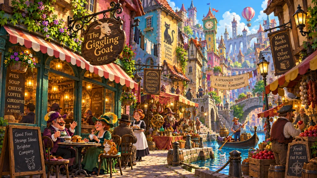The Curious City realm with colourful crooked streets, canals, cafés, market stalls, odd shops, signs, lively townsfolk and whimsical urban details.