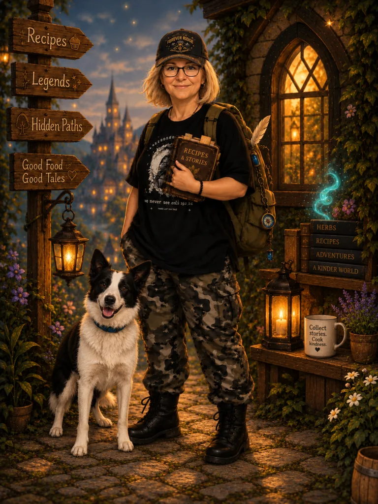 The Traveller of Polaris Quill with her black-and-white dog Martti, notebook and travelling gear in a magical village