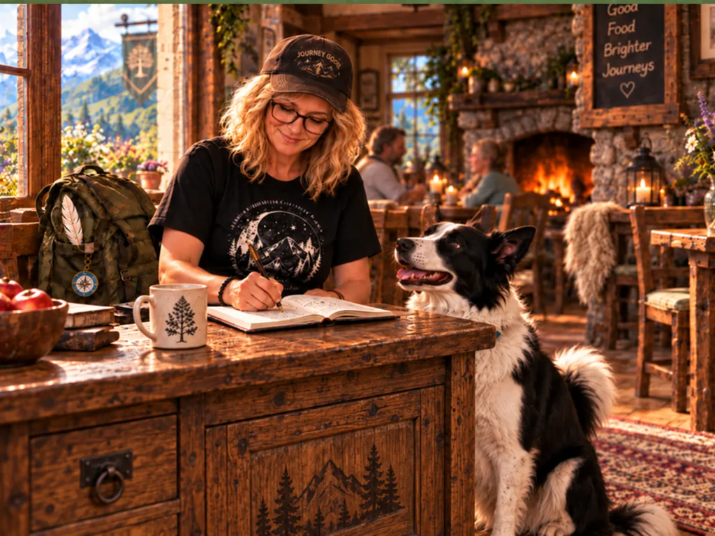 The Traveller writes in her journal at a wooden table in a cozy rustic inn, wearing a dark cap, black T-shirt and camouflage trousers, while Martti sits beside her by the fireplace.