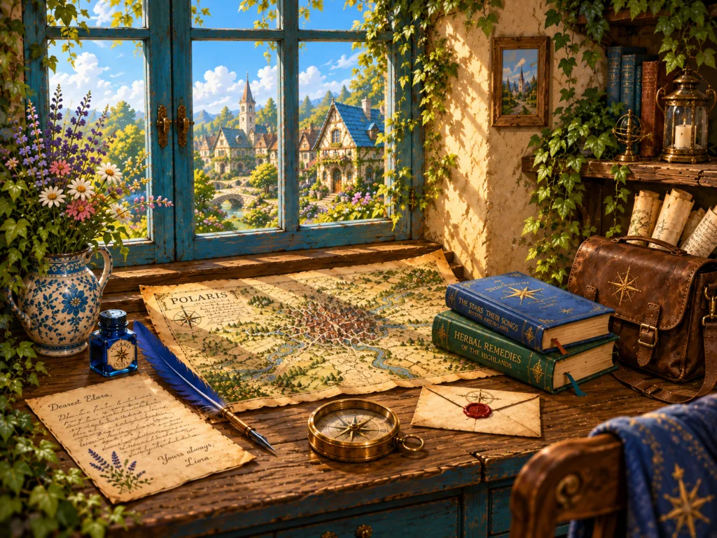 A vintage fantasy map, compass, quill, letters, books, and the Traveller’s bag on a wooden desk.