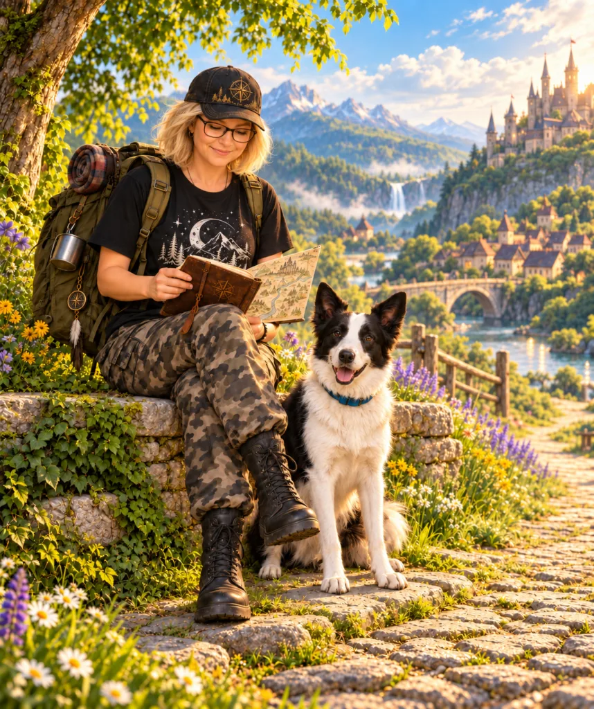 The Traveller reading her journal with Marti beside her in a bright, colorful enchanted realm of mountains, waterfalls, flowers and a distant castle.