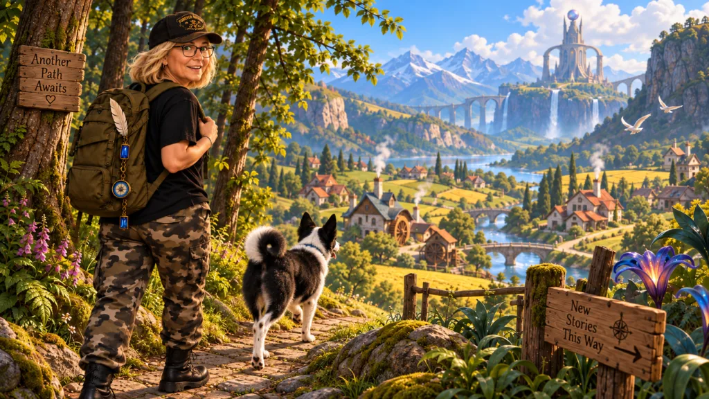 The Traveller and Martti overlooking a bright valley after following a hidden path through the forest.