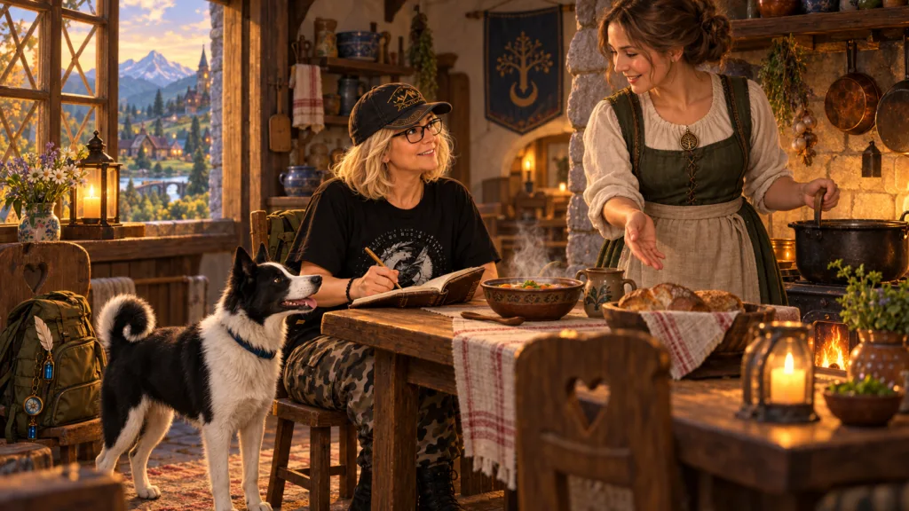 The Traveller sits in a village kitchen, writing down her first recipe while a local woman explains the dish and Martti waits beside the table.