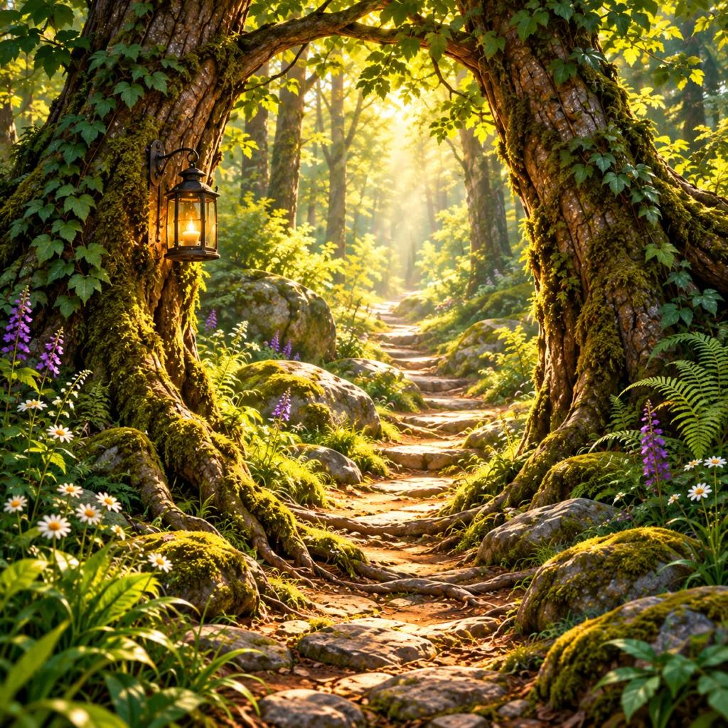 A hidden forest path glowing in warm sunlight, one of the passages discovered by the Traveller.
