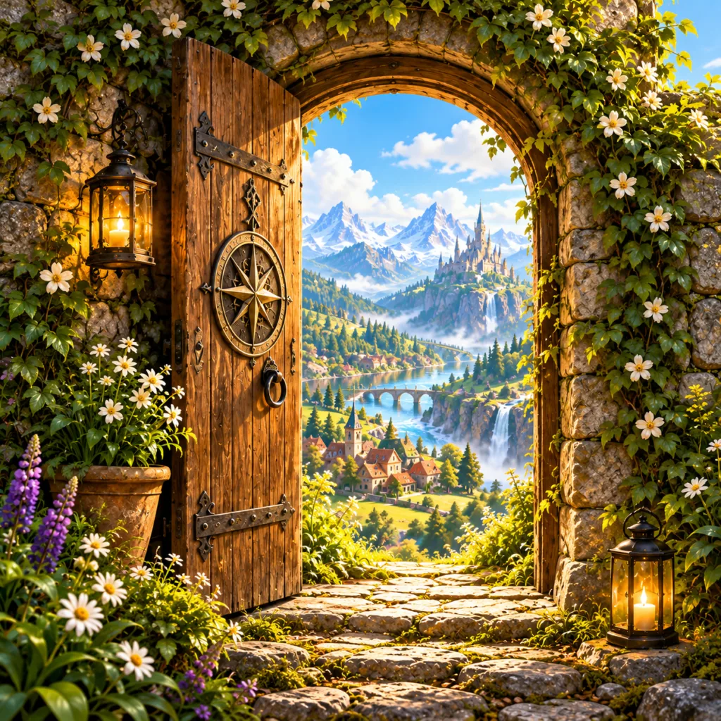 An open wooden door in a stone archway revealing a bright valley and distant castle beyond.