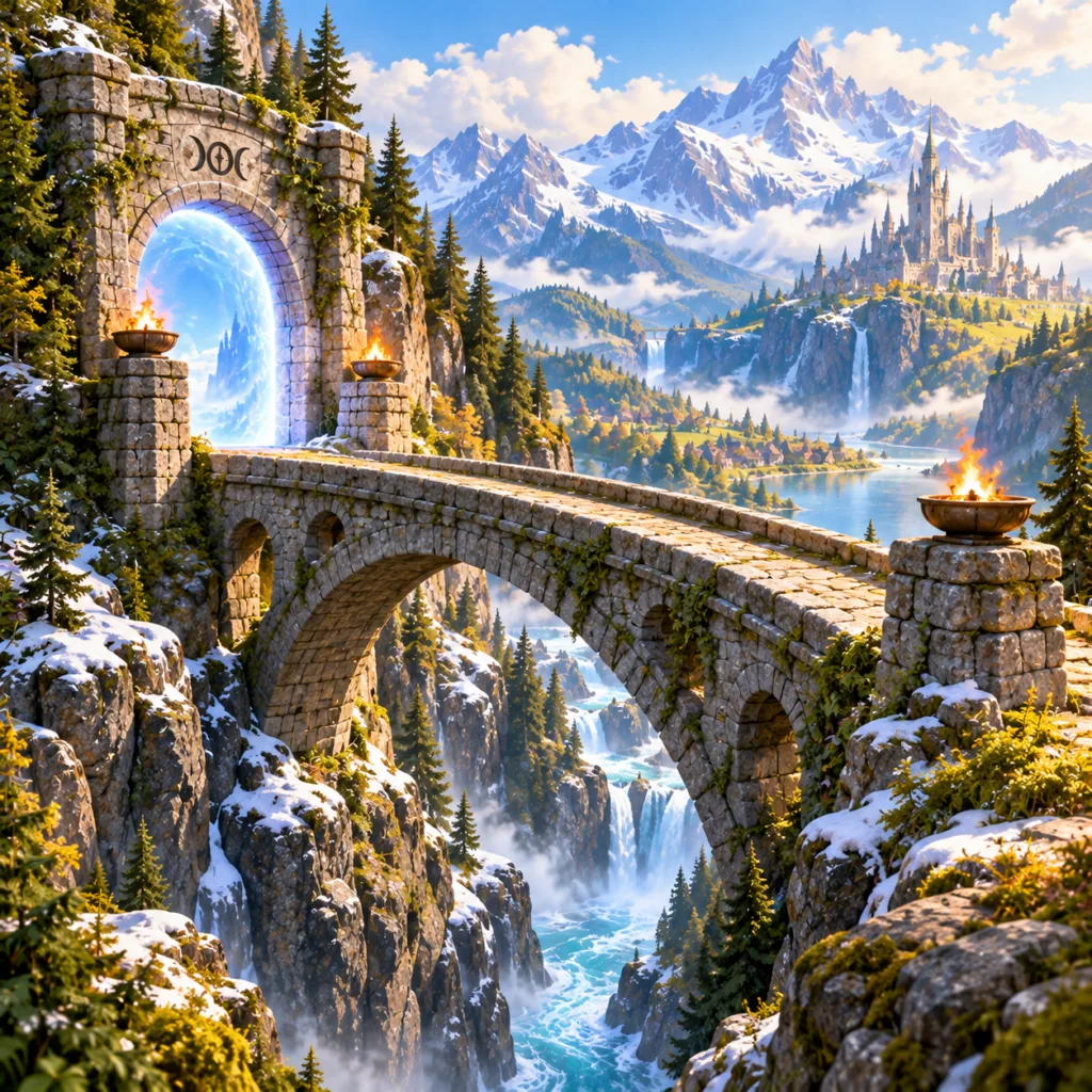 A stone bridge crossing a mountain gorge toward a glowing passage and a distant fantasy city.