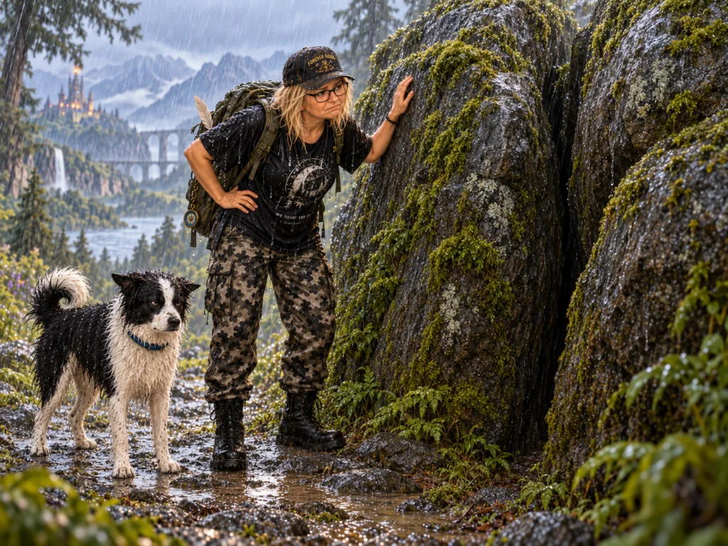 The Traveller and Martti stand in the rain beside wet mossy rocks, checking the place where the hidden passage should have appeared.