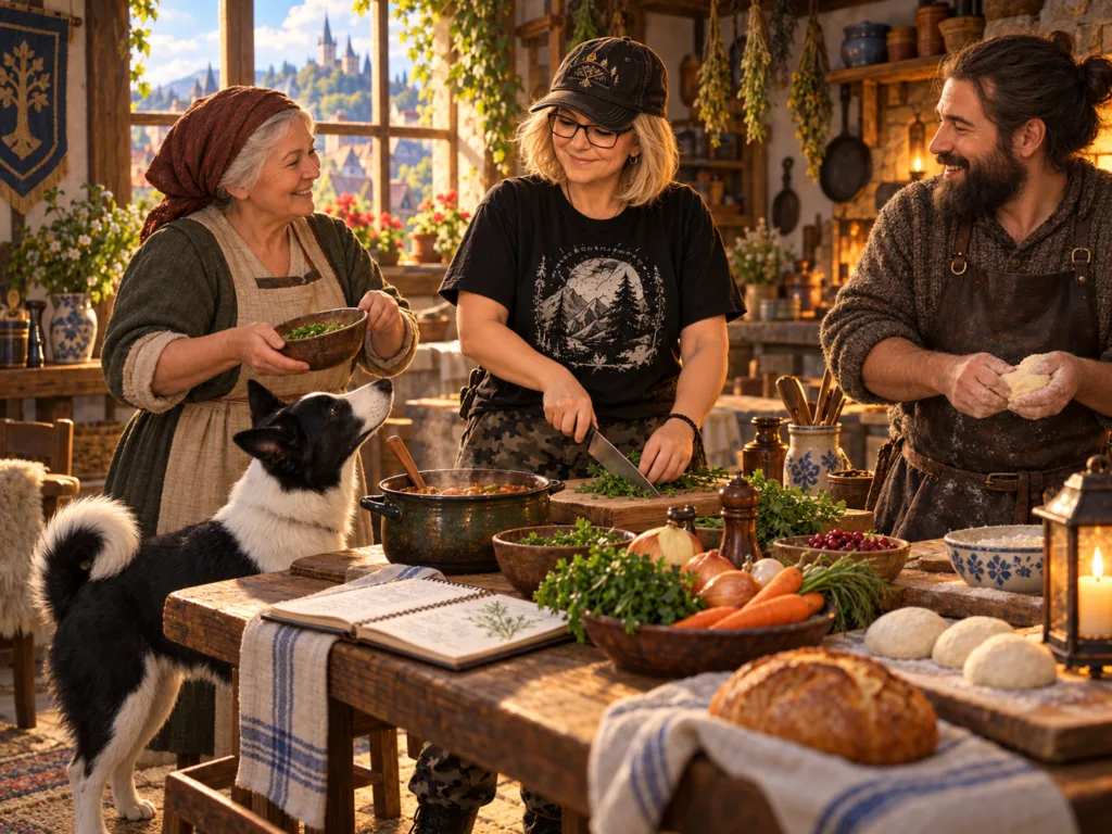 The Traveller cooks with familiar villagers while Martti waits beside the person holding the food and her open notebook rests on the table.