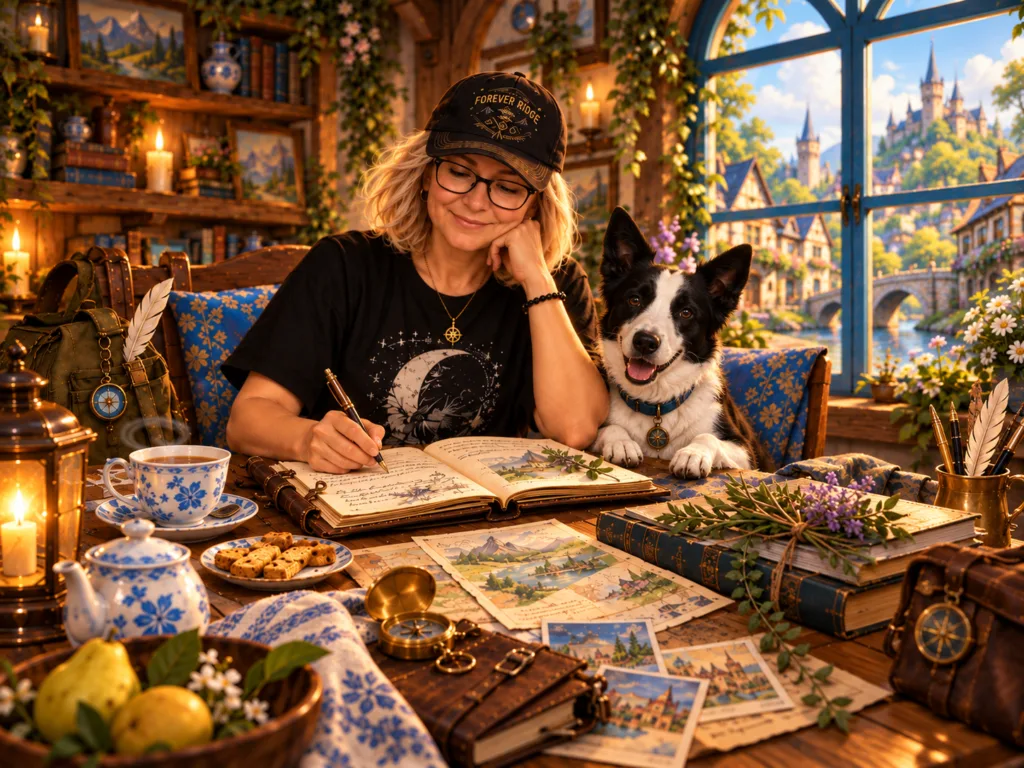 The Traveller writing in her journal at a wooden desk with Marti beside her in a cozy fantasy room.