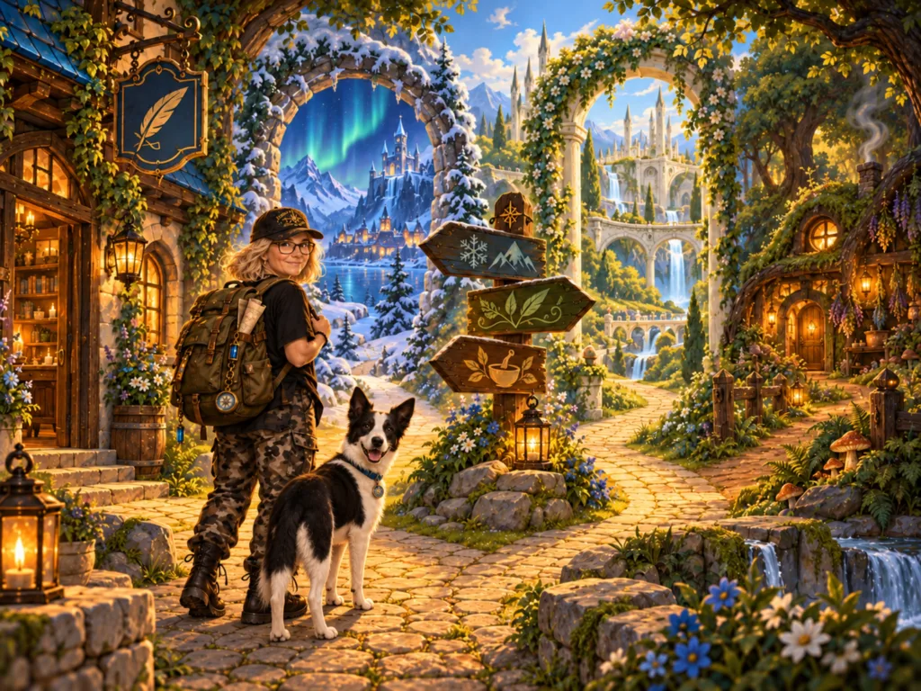The Traveller and Marti at a magical crossroads leading into different fantasy realms.