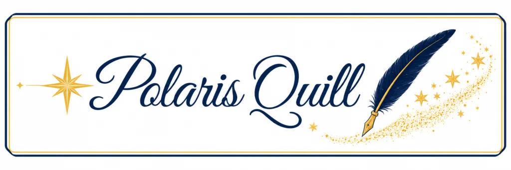 Horizontal Polaris Quill logo with elegant script lettering, a navy quill and gold stars.